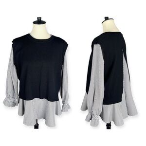 Joh Layered Cable Combo 2 in 1 Shirt Sweater Over Striped Tunic Top Peplum L NEW
